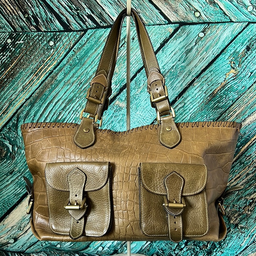 Mulberry green mock croc leather handbag with multi front pocket detail